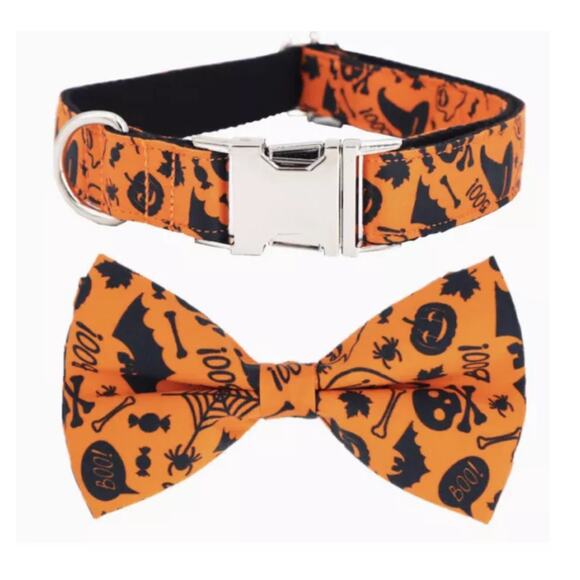 Halloween Dog Collar w/ Removable Cute Bow Tie Pumpkin Print New Size M - Picture 2 of 4